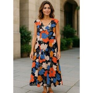 London Times‎ Dress Womens 14W Midi Cap Sleeve Floral Black Orange Blue Colorful